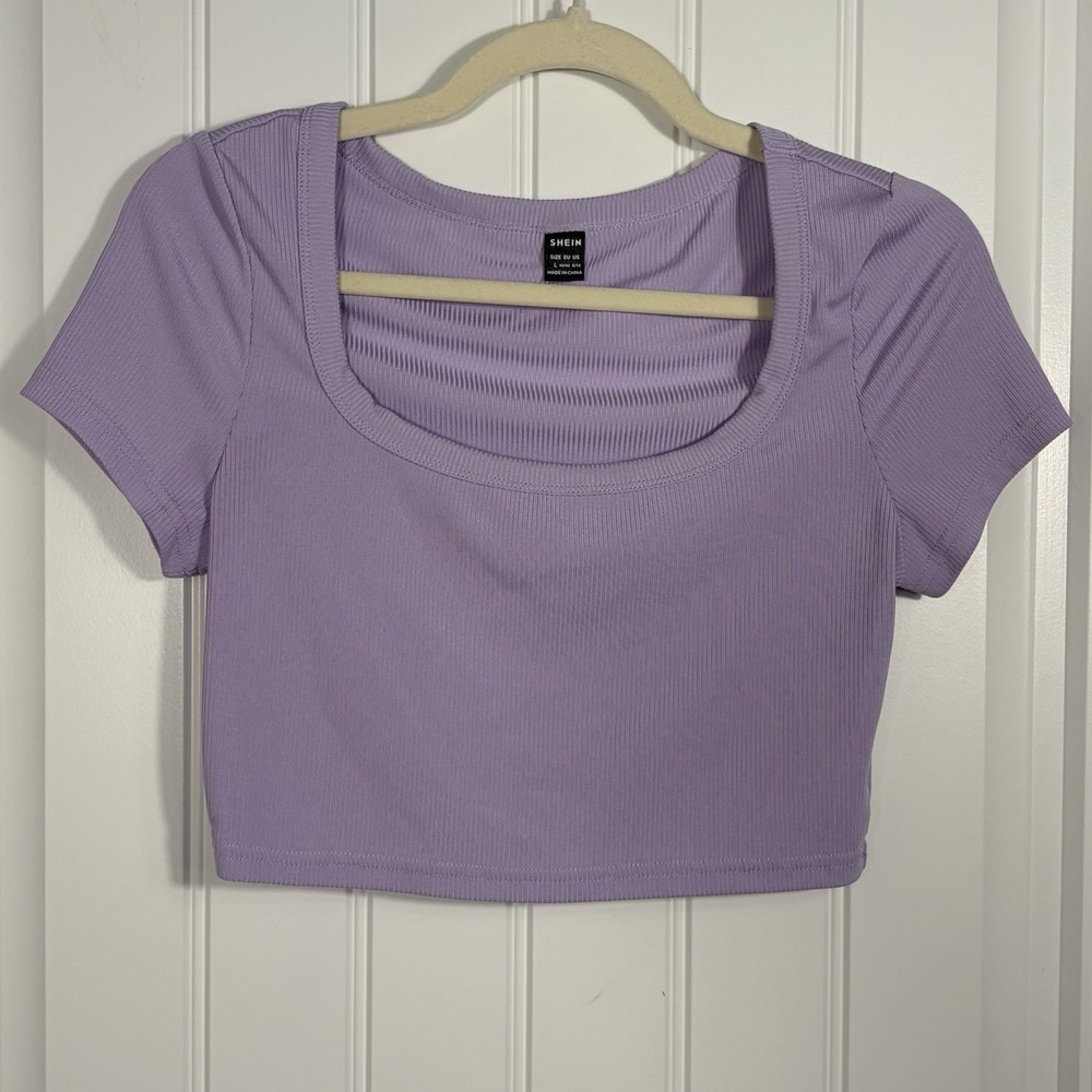 SHEIN Lavender Ribbed Square Neck Stretch Crop Top Women's Large Short Sleeve
